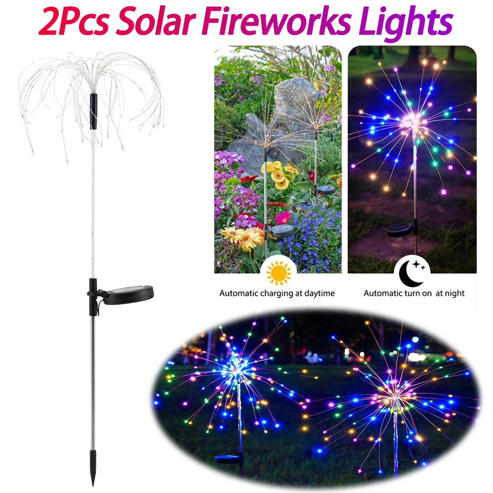 2Pcs Solar Fireworks Lights 8 Lighting Modes Garden Fairy Light Outdoor Solar Fairy Lights for Yard Garden Flowerbed Party Decor
