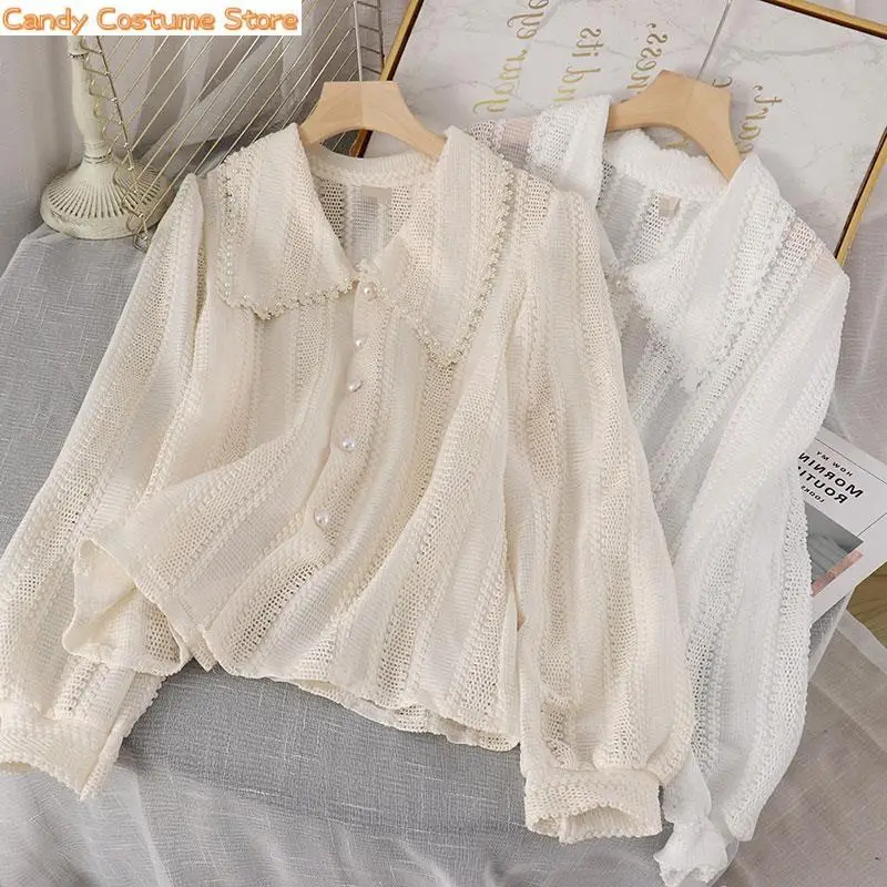 Hollow Out Shirts Women Peter Pan Collar Fashion Tender Sweet Solid Young French Style Elegant Ins New Arrival Chic