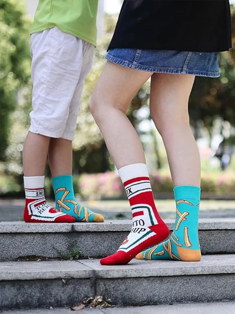 2 Paar lustige Unisex-Socken mit Tomaten-Ketchup- und Pommes-Frites-Aufdruck, mittelhohe Socken, modische Sport-Baumwollsocken, geeignet für alle Jahreszeiten – Detail 3