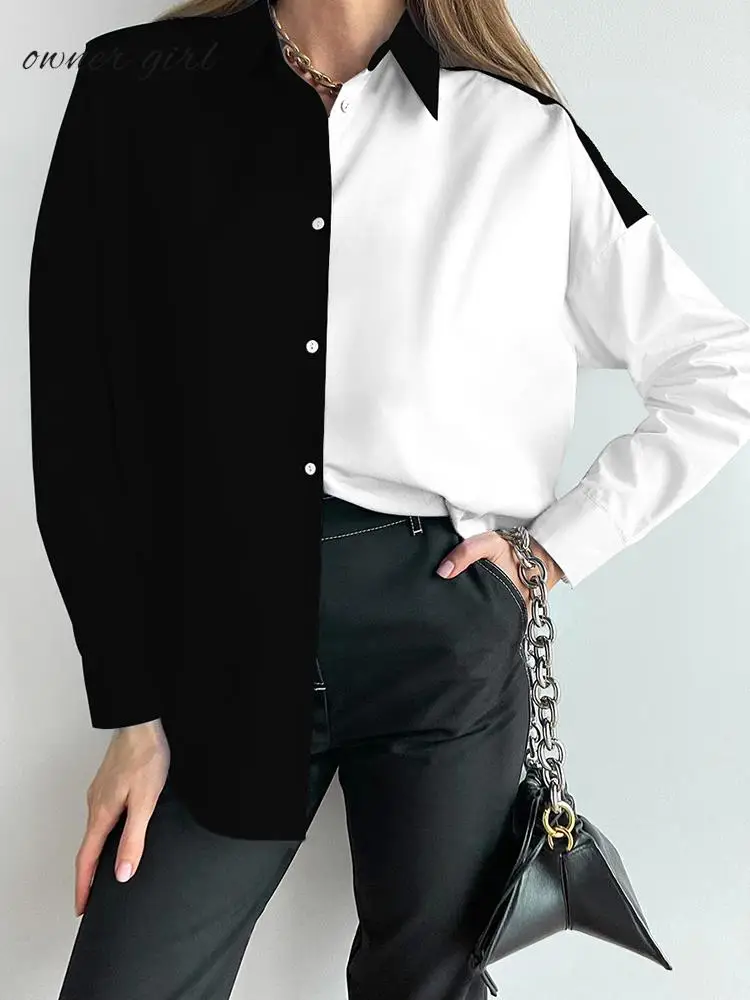 

Женская рубашка с отложным воротником, Повседневная Свободная блузка в офисном стиле с длинным рукавом, осень 2022