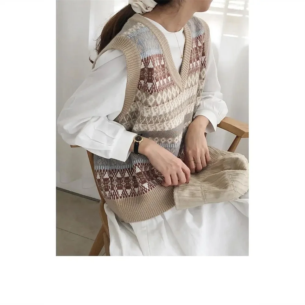 Sleeveless Knitted Sweater Vest Women Loose Plaid V-Neck Pullover Vest Sweater Autumn Korean Style Vintage Sweaters 2023 New
