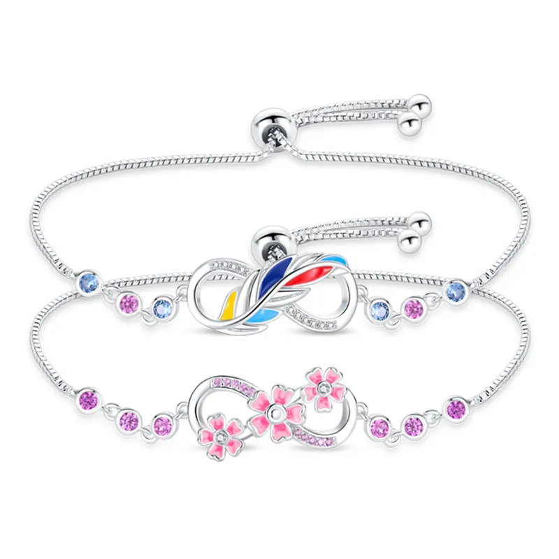 Silver Bracelet Bracelet Silver 925 Adjustable Fantasy Lucky Symbol Pink Flower Zircon