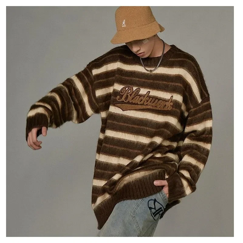 Sweaters Fashion Brand Advanced Gradual Stripe Embroid Sweaters Men's Autumn and Winter Gentle Lazy Wind Soft Waxy Sweaters