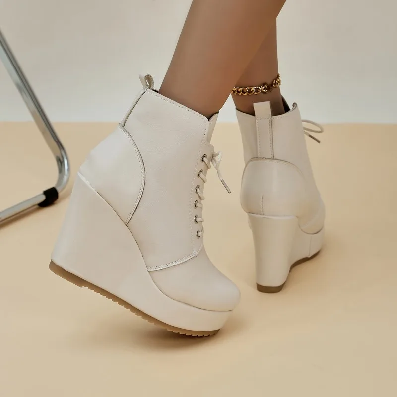 Women's Boots Short Lace Up Wedge Booties Platform Wedge Vintage Booties Comfortable Roman Heels Boots Zapatillas De Mujer