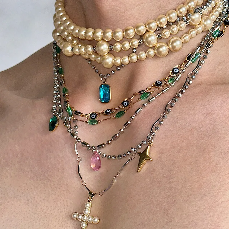 

Многослойное ожерелье с подвеской-крестом из жемчуга и кристаллов, комплект из двух частей, винтажный чокер в этническом стиле