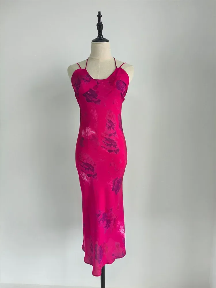 

Summer Silk Sling Dress For Women Print Halterneck Backless Sexy Midi Robes