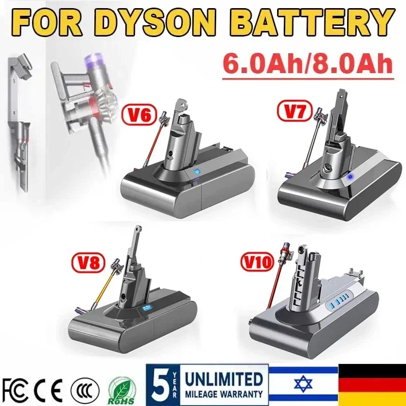 8.0Ah Rechargeable Battery for Dyson V6 V7 V8 V10 SV10 SV11 SV12 SV09 SV05 Vacuum Cleaner Battery DC61 Cyclone Mattress rechargeable battery vacuum cleaner battery