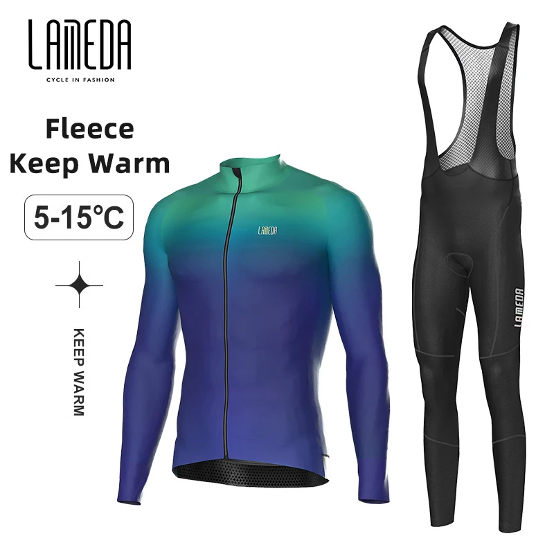 

LAMEDA Cycling Jersey Suit Autumn Winter Warm Fleece Men's Long Sleeves MTB Road Bike Top Apparel 5-15℃