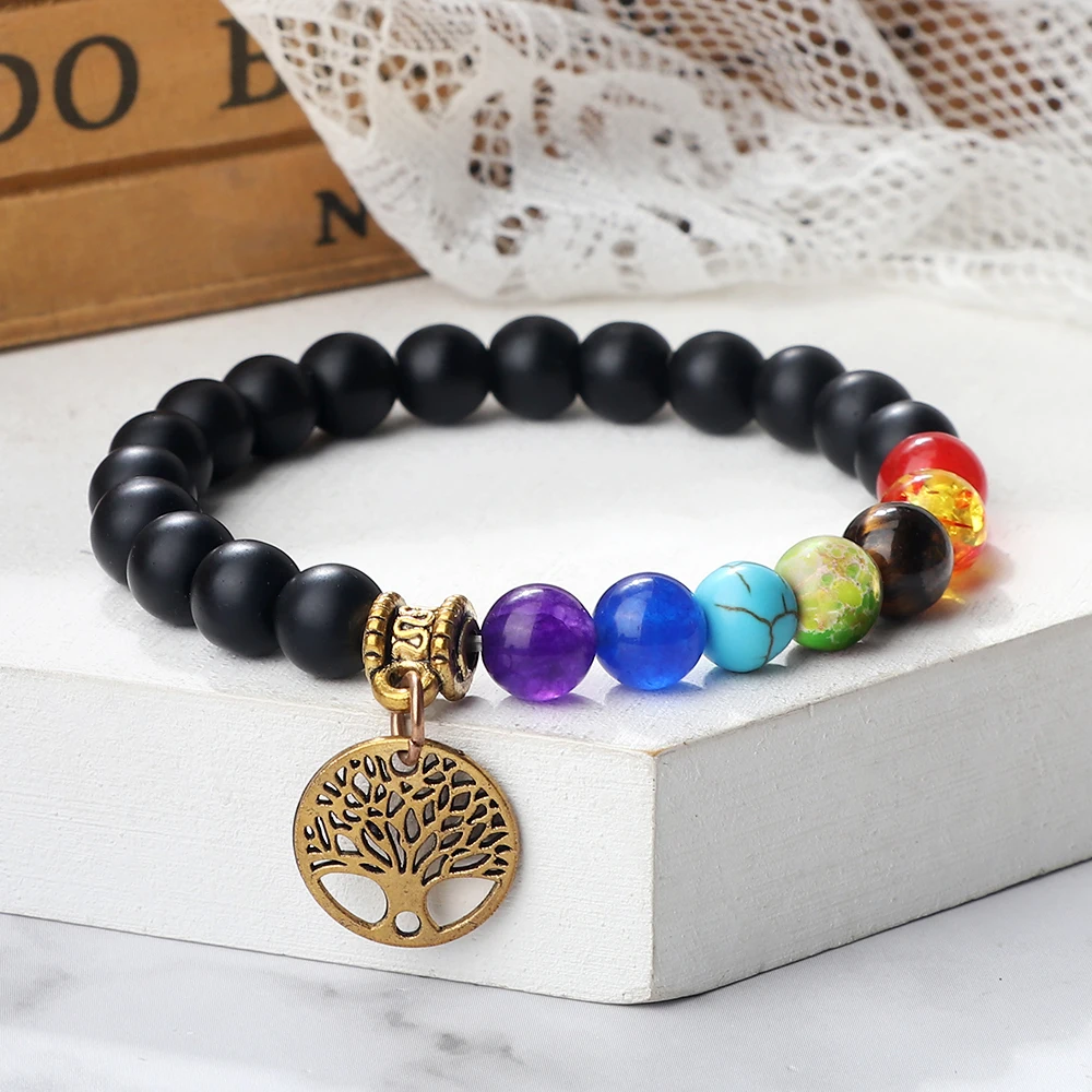 Tree Of Life Pendant Bracelets Reiki Healing 7 Chakra 8mm Black Lava Tiger Eye Natural Stone Yoga Energy Jewelry For Womam Man