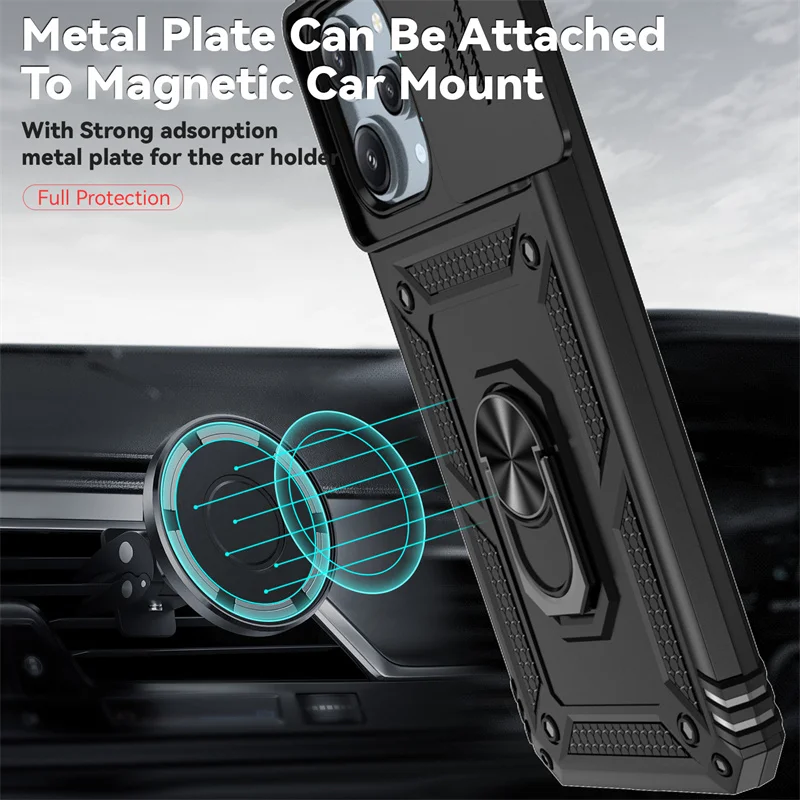 Enhanced Shockproof Armor Phone Case with Ring Holder and Slide Lens Protector for Xiaomi Redmi 12 4G (2023)