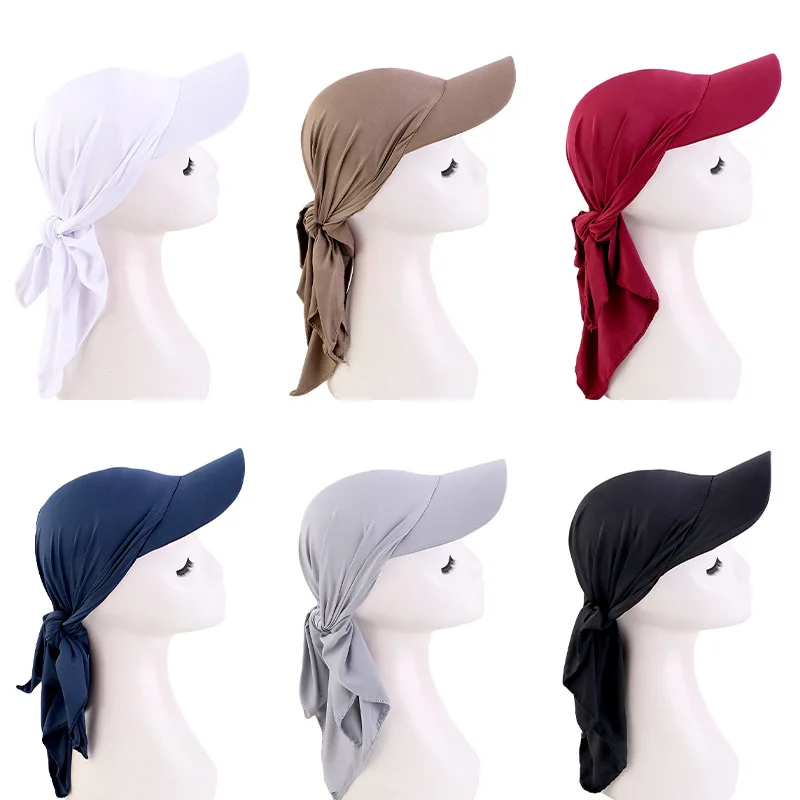 

Muslim Women Brim Cap Sun Visor with Pre-Tied Elastic Turban Caps Head Scarf Hijab Female Hair Loss Outdoor Hat Bandana Headwrap