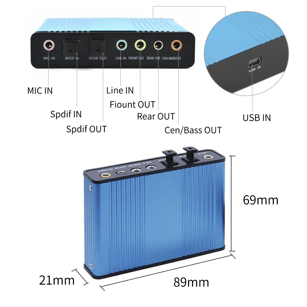 전문 USB 사운드 카드 6 채널 5.1 광학 외부 오디오 카드 변환기 CM6206 노트북 데스크탑 용 칩셋