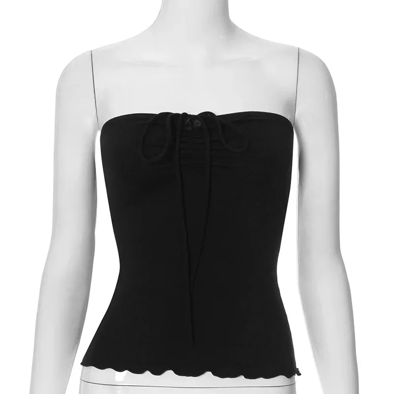 Top de una pieza informal corto con dobladillo enrollado para mujer, moda de verano, top bandeau de color liso, top sexy con cuello de encaje y sin mangas.
