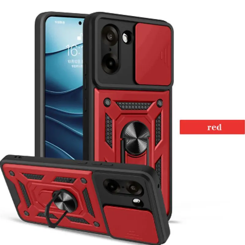 Slide Lens Cover with Magnetic Ring Stand Holder - Shockproof Armor Protection Phone Case