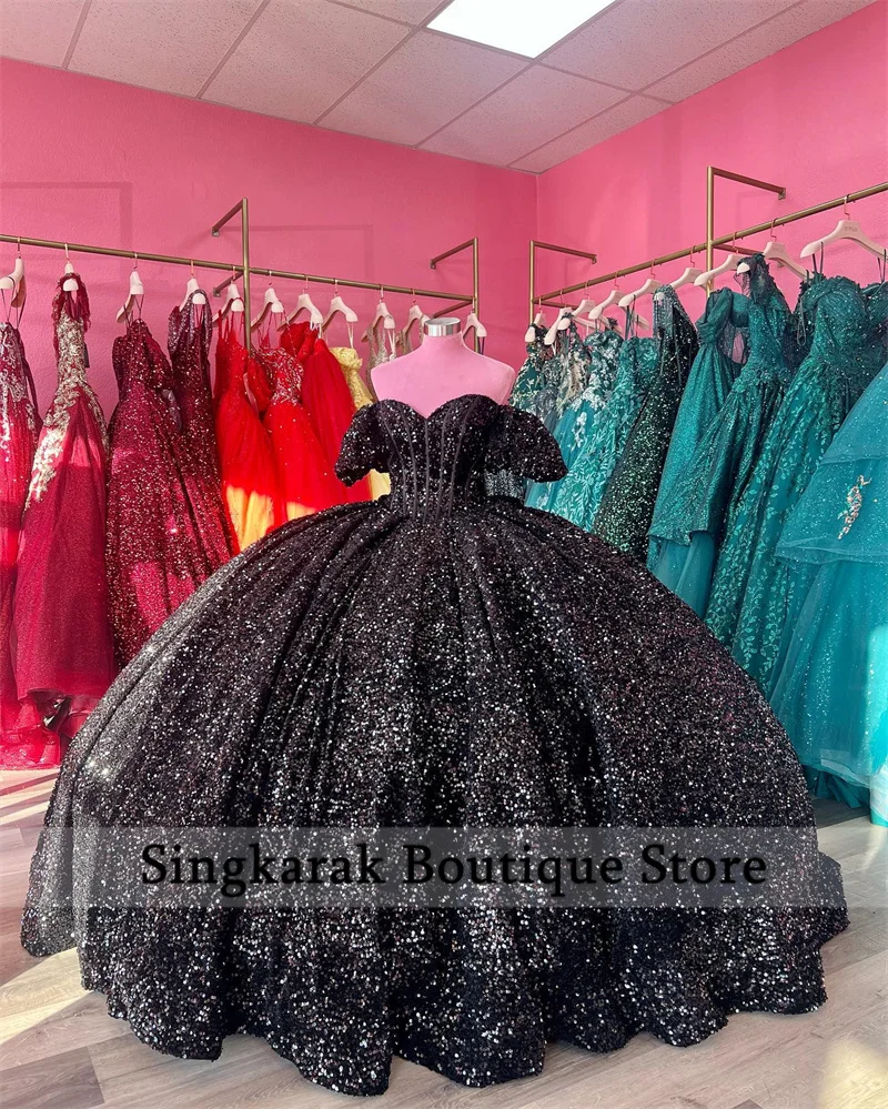 

New Arrival Sparkly Black Quinceanera Dresses Ball Gown Glitter Sequins Sweet 16 Dresses Lace-Up Birthday Party Wedding Gowns