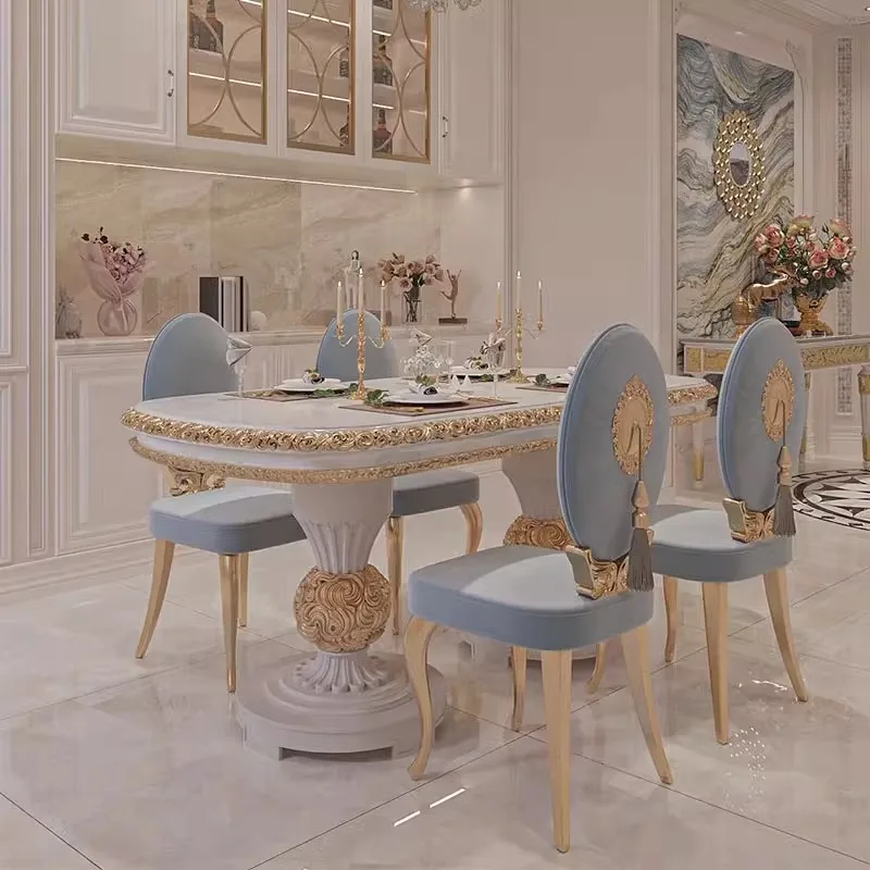 French light luxury court style dining table and chair combination solid wood carving flower oval high-end villa European luxury