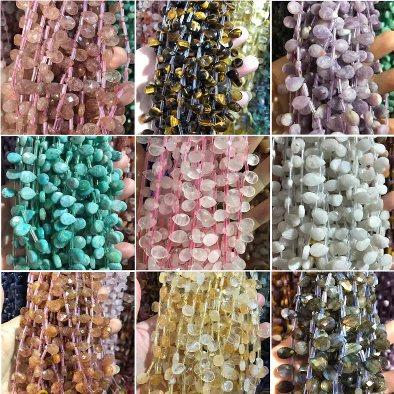 Natural Stone Crystal Tiger Eye Purple Lilac Faced Water Droplet Loose Spacer Beads for DIY Jewelry Making Bracelet Accessories