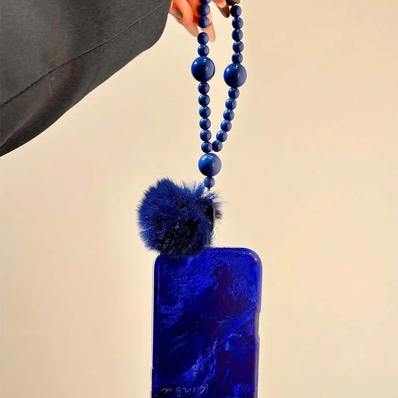 Whirlpool Pattern Blue Embossed Phone Case with Plush Ball Charm