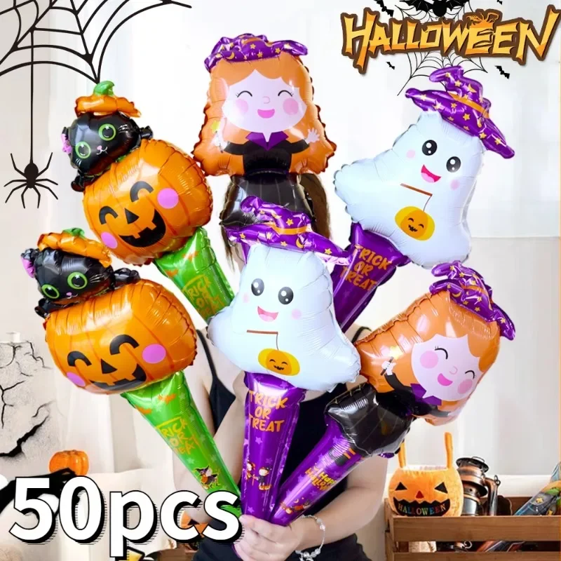 50/1 stücke Halloween Ballon Stick Hexe Kürbis Katze Geist Luftballons Sticks Halloween Party Dekoration Lieferungen Globos Kinder Spielzeug