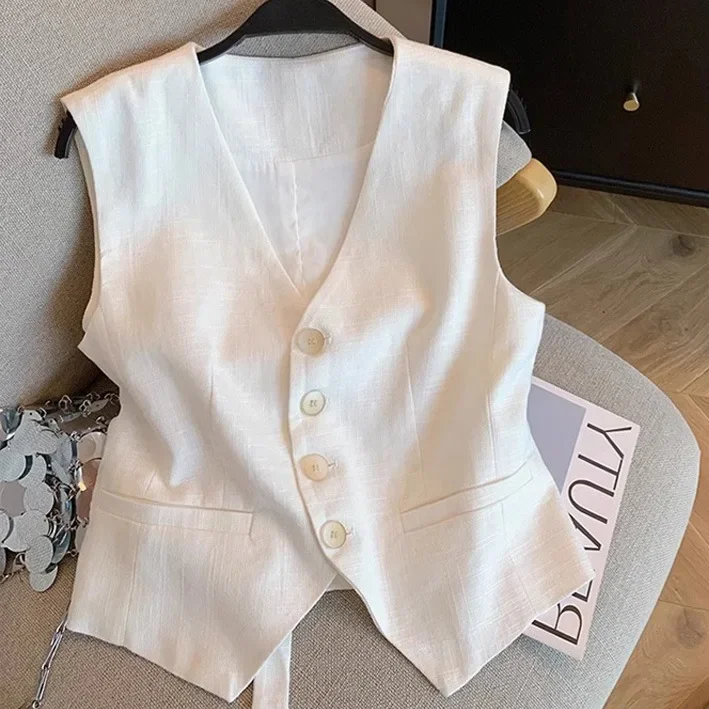 French white linen V-neck vest female summer new fashion