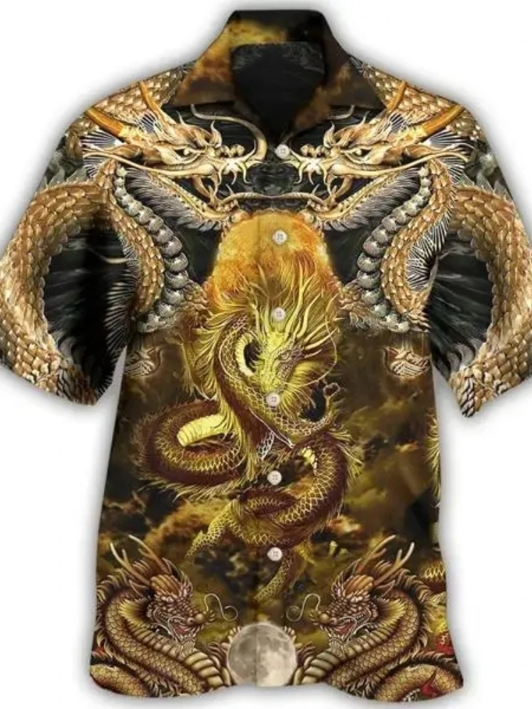 Summer Beach 3D Print Dragon Loose Short Sleeve Retro Shirt Streetwear Camisas Casuais Hawaiian Blouse Slim Fit Men Clothing