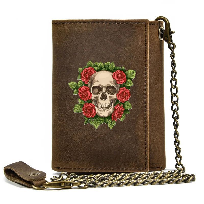 

High Quality Men Genuine Leather Wallet Anti Theft Hasp With Iron Chain Classic Rose Skull Cover Card Holder Rfid Short Purse