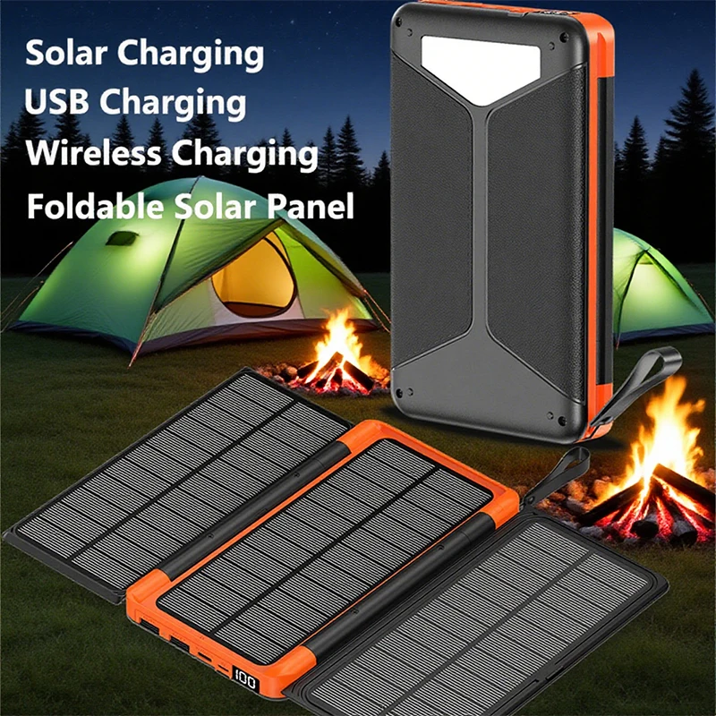 20000mAh Folding Solar Power Bank With 3 Solar Panel Outdoor Portable Qi Wireless Charger Powerbank For Phone Traveling Camping_voghion.com