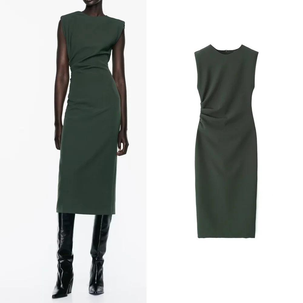 

Autumn New French Round Neck Evening Dress Long Skirt Back Slit Pleated Decoration Midi Dress 9878266