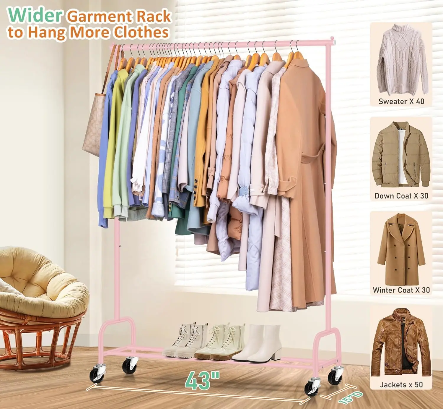 Heavy Duty Clothing Racks for Hanging Clothes Rack, 43" Wide Rolling Garment Rack Metal Clothing Hanger Rack with Wheels Wardrob 2