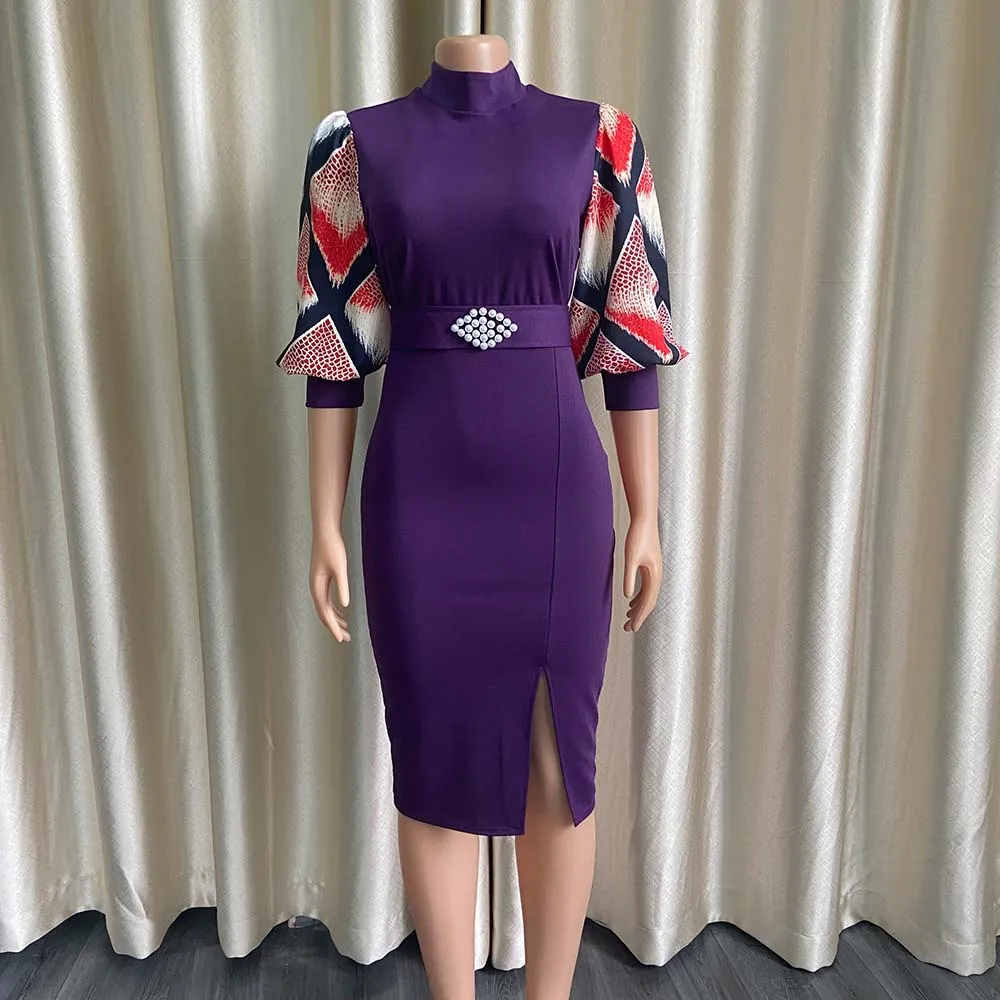 Women Elegant Bodycon Dresses O Neck Three Quater Sleeves High Waist Office Ladies Work Wear Package Hip African Fashion Spring african gowns