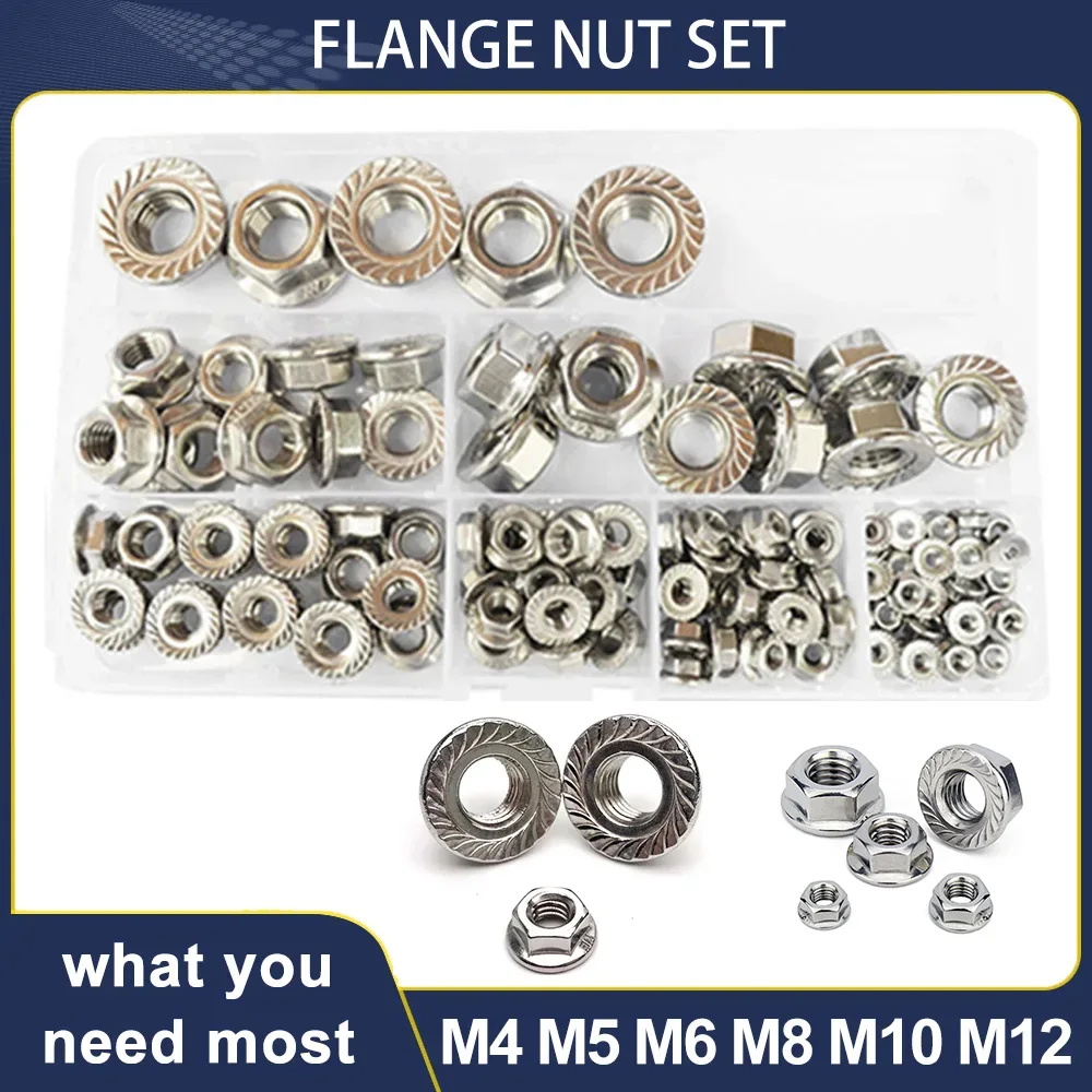 

M3 M4 M5 M6 M8 M10 M12 Hex Flange Nut Set 125Pcs Insert Threaded Spinlock External Hexagon Serrated Nuts 304 Stainless Steel