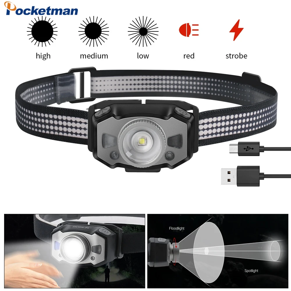LED Induction Headlamp USB Rechargeable Head Lamp Smart Motion Sensor Headlight Zoomable Head Flashlight Outdoor Fishing Lantern