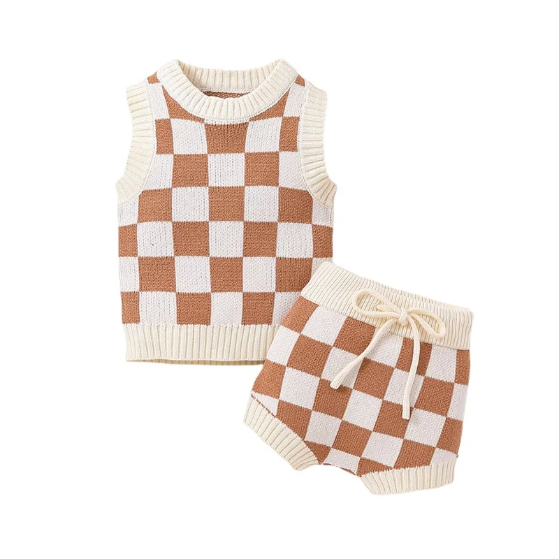 Newborn Baby Boys Girls Two Pieces Clothes Outfits O-neck Sleeveless  Checkerboard Printed Knitted Swater Vest + Tie-Up Shorts - AliExpress