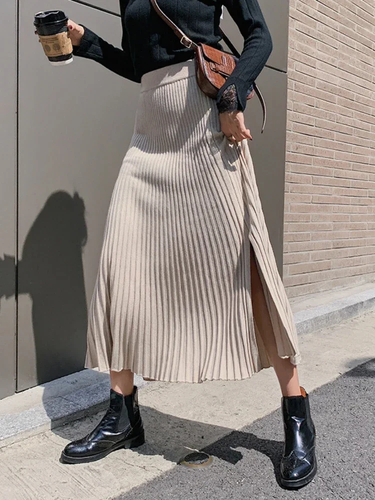 

Long Skirts for Women Fashion 2023 High Waisted Pit Stripe Thickening Solid Winter New Slit Black Skirt Z581