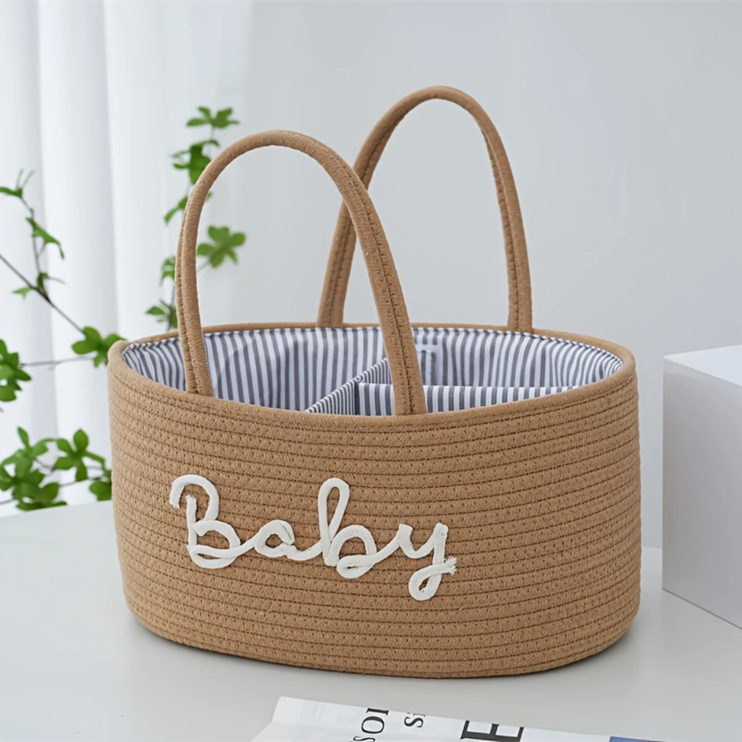 Casual Style 3-Compartment Cotton Woven Basket Organizer for Bottles, Diapers, Bathroom Supplies-Perfect for Poolside Accessor