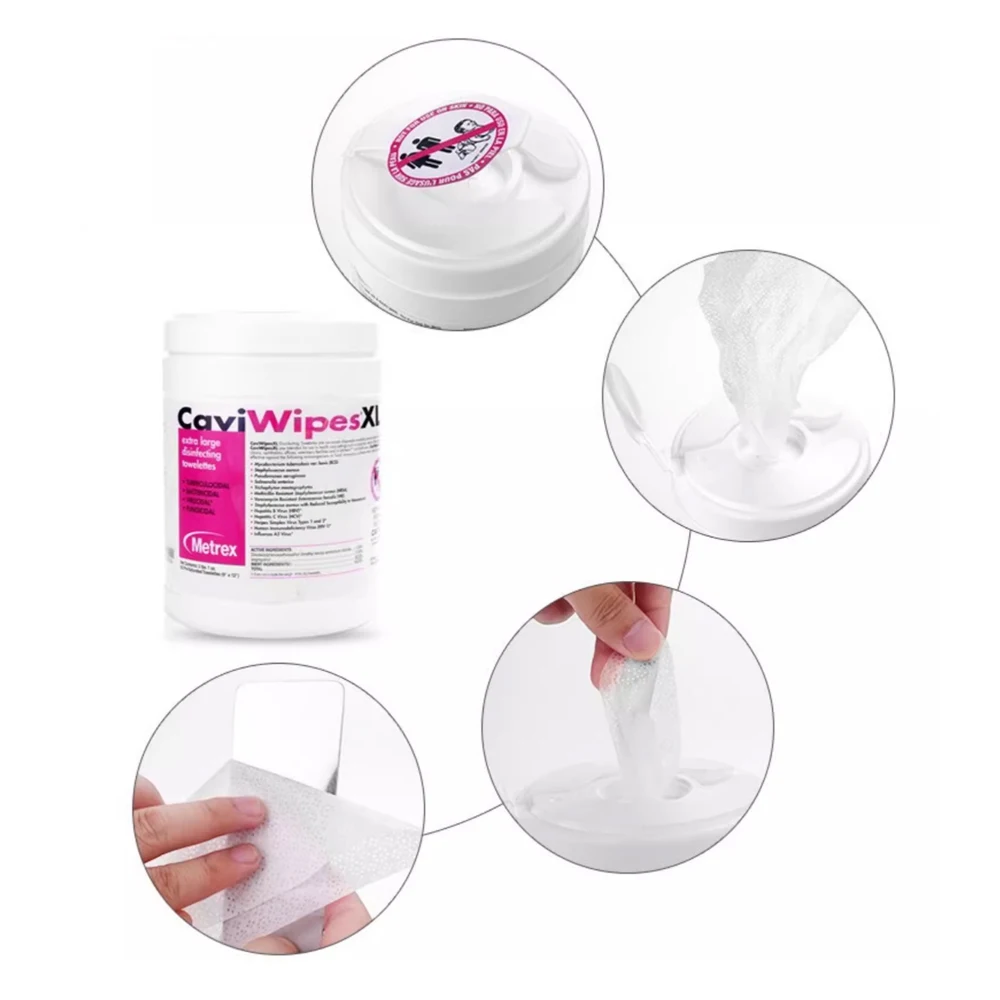 Paquet de lingettes désinfectantes CaviWipes ouvert, avec une lingette partiellement extraite.