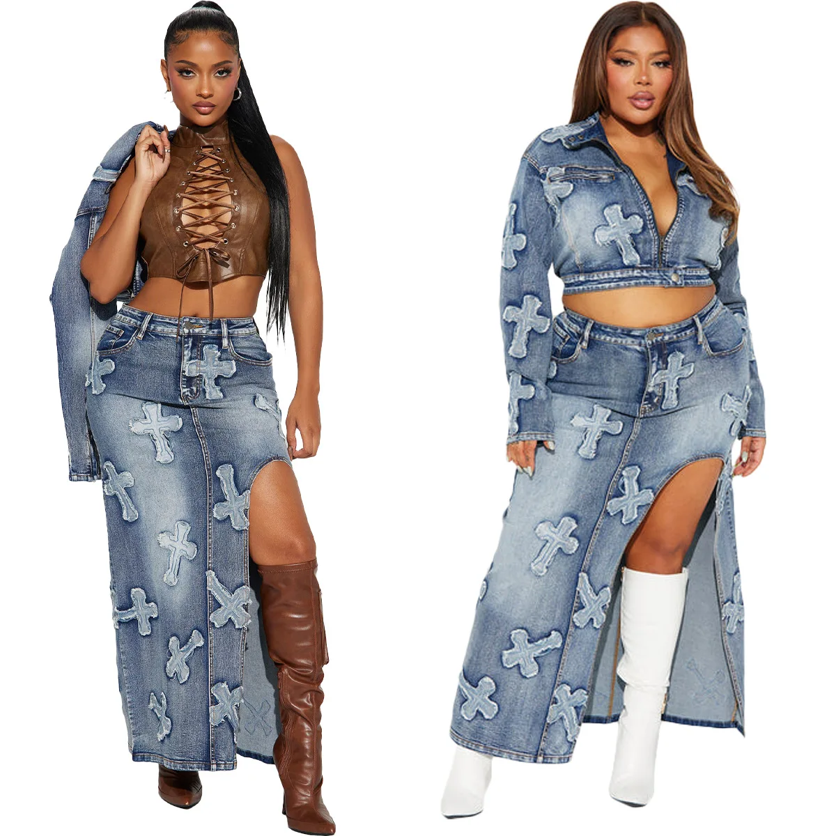 European and American women's fashion sexy embroidery wash denim skirt women's suit two-piece set skirt  платье european and american women s denim wash fashion casual slim fit jumpsuit pure color jumpsuit