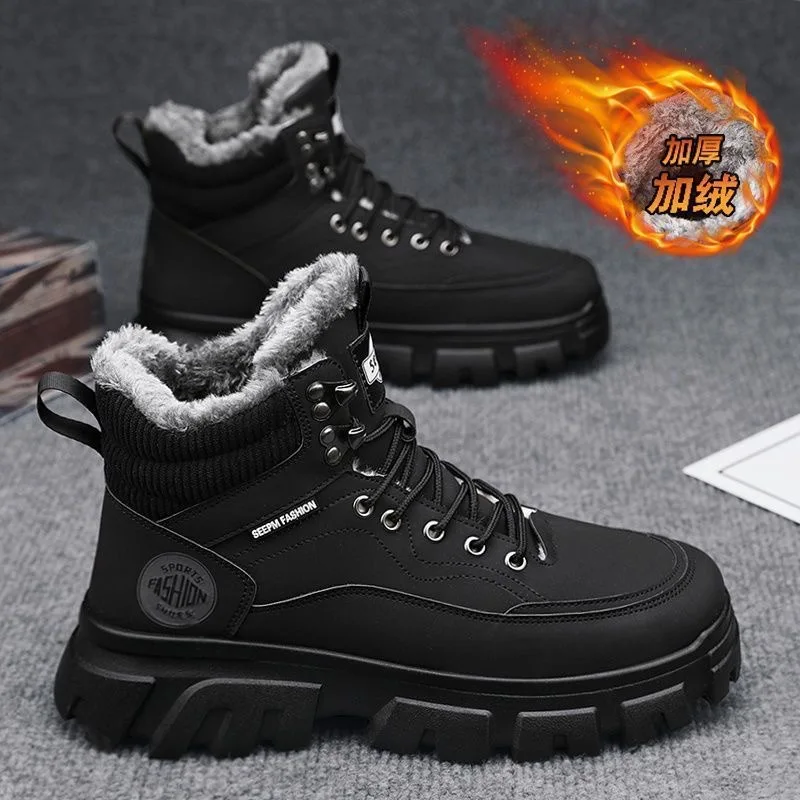 thumbnail image 1 of Botas de nieve cálidas para hombre, botas de algodón para exteriores, caña alta, además de zapatos para caminar de terciopelo, plataforma con cordones, botines para motocicleta, 2025, 1 of 5