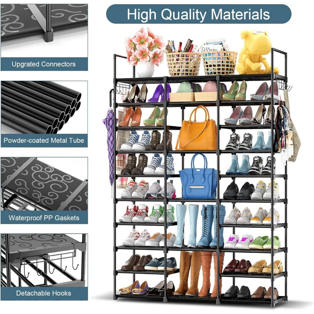 3 Row 10 Tier Large Shoe Rack Organizer for Closet Entryway, Metal Shoes Shelf Tall Vertical Stackable Shoe Stand 4