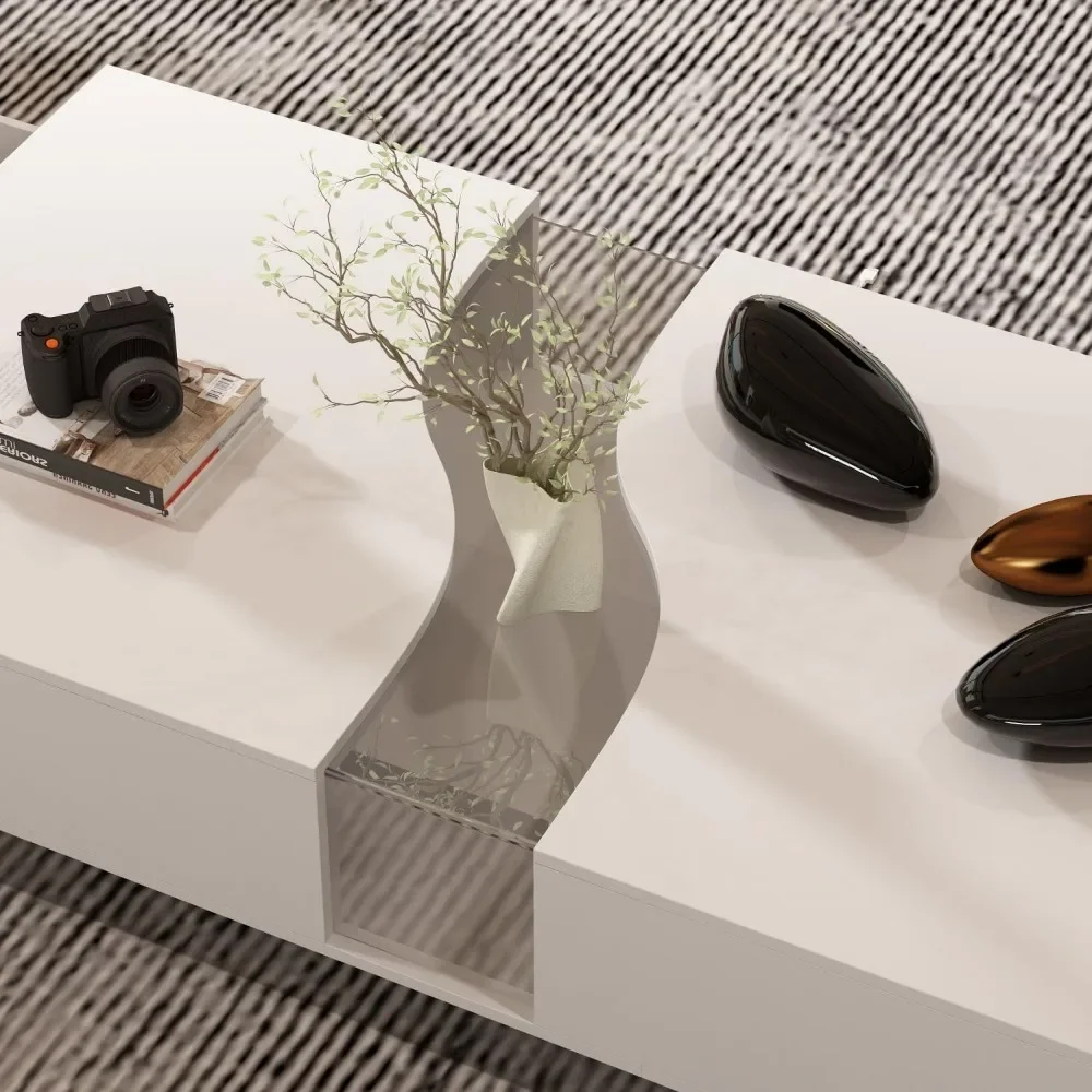 Modern Coffee Table with Lights & Glass Tabletop, Living Room Coffee Tables with 2 Drawers, Central Table with Storage 6