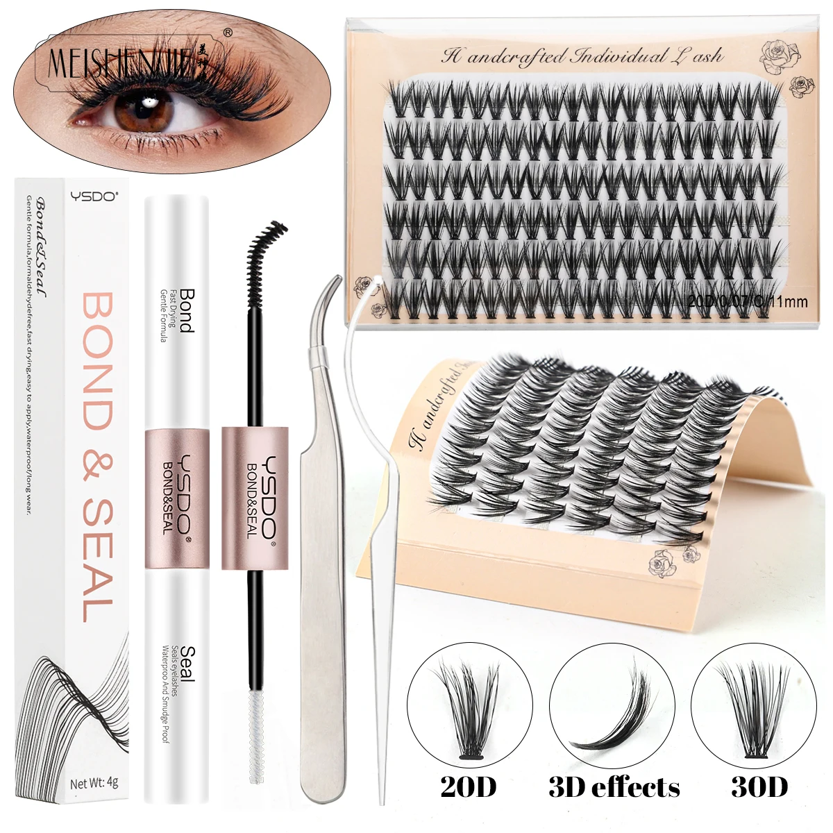 Lash Extension Kit Eyelash Set Fake Eyelashes 120 Bunches DIY Cluster Extension Lashes Individual Lashes with Glue and Tweezer