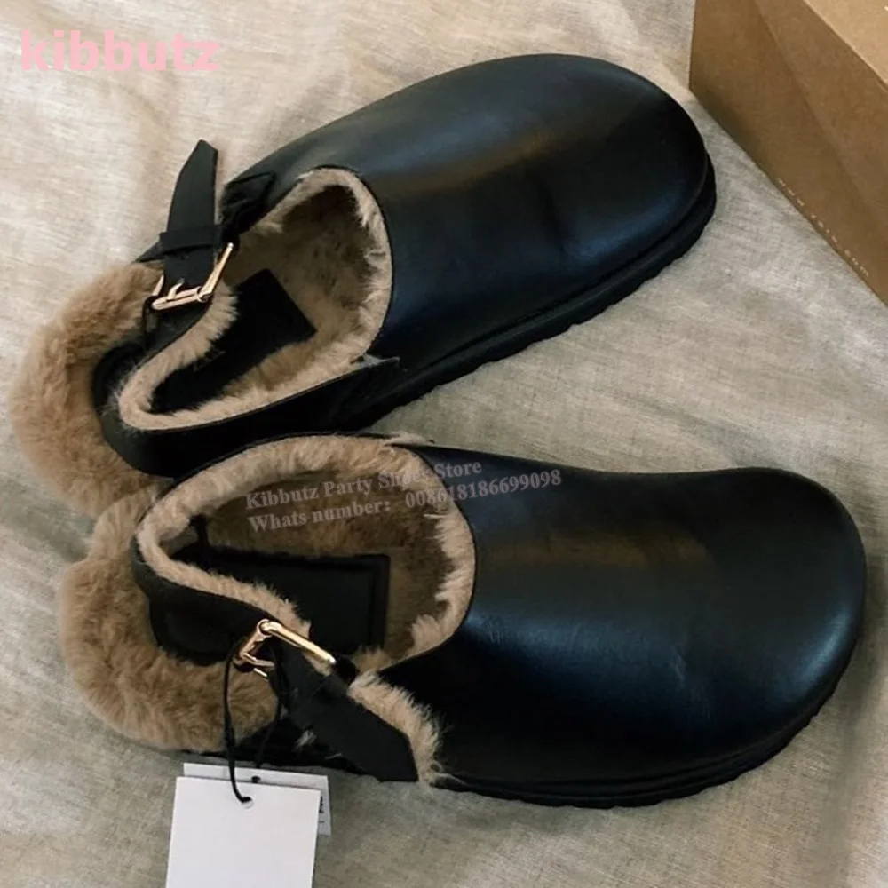 

Genuine Leather Furry Pump Slipper Belt Buckle Round Toe Flat with Mixed Color Winter Warm Concise Fashion Comfortable Women New