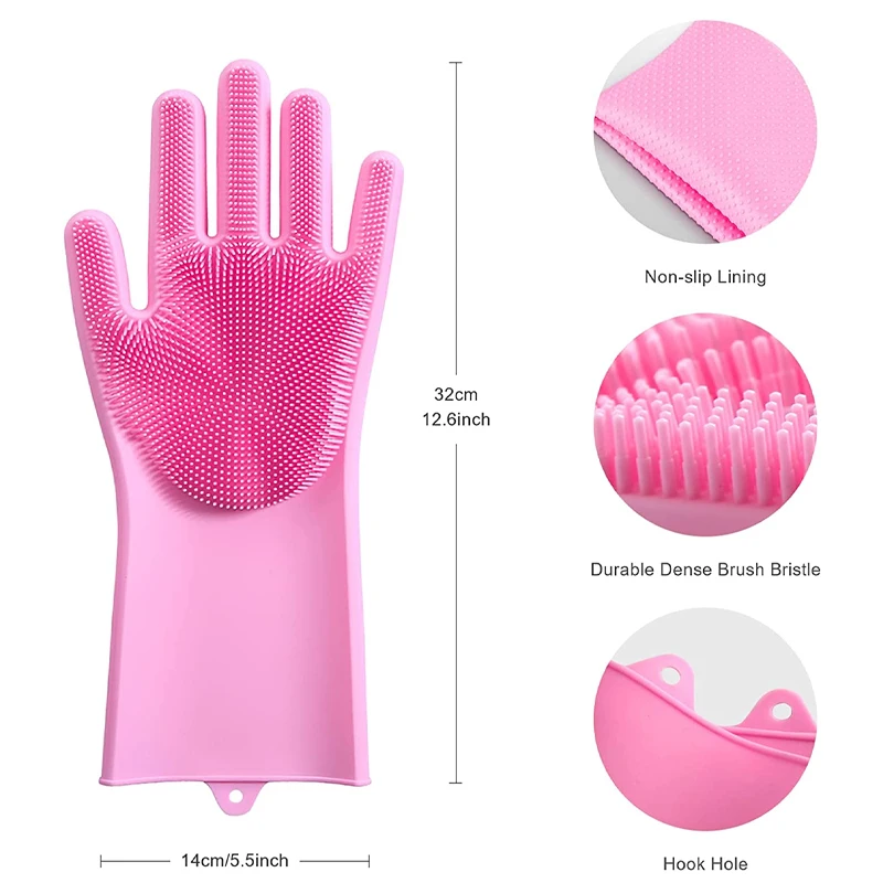 Pair Silicone Dishwashing Gloves Rubber Scrubbing Gloves Sponge