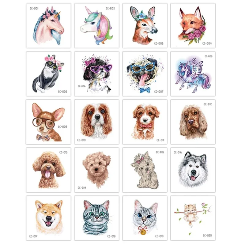 20 Pc/Set No Repeat Waterproof Cartoon Tattoos Children Party Makeup Flower Cat Dog Unicorn Butterfly Temporary Body Art Cute Pe