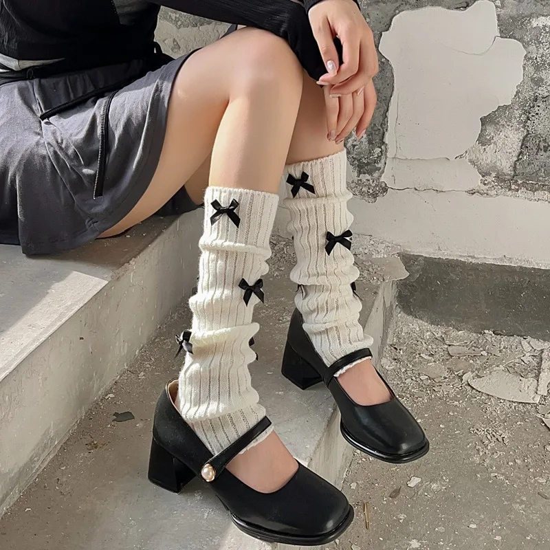 

С бантом на ноги Warmers, вязаные шерстяные носки Jk в японском стиле, женские модные балетные чулки для девочек, длинные чулки