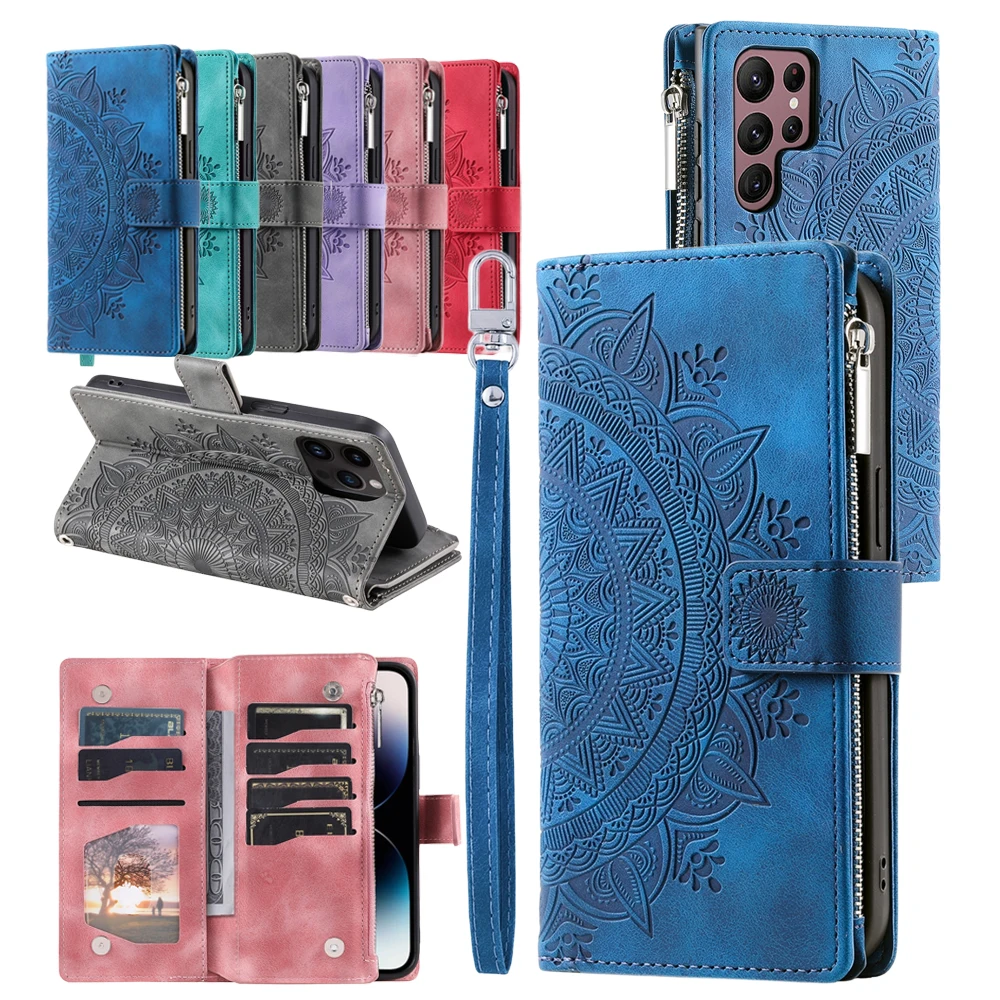 Floral Leather Flip Case with Kickstand and Card Slots Wallet Cover