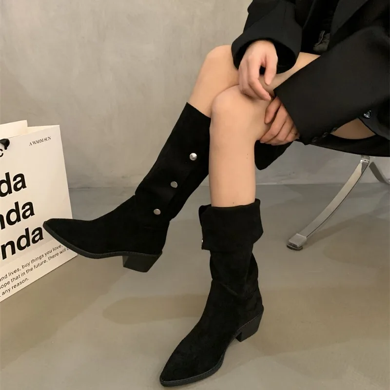

Женские ботинки на толстом каблуке, однотонные повседневные ковбойские ботинки в стиле ретро, во французском стиле, Осень-зима 2023