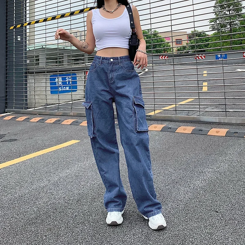 Retro Big Pocket Loose Straight Jeans Women Blue High Waist Casual Pants Spring Autumn Fashion Street Denim Pants Long Trousers