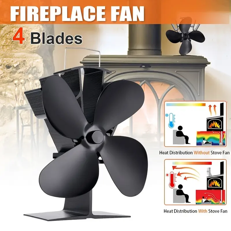 Wood Stove Fan Thermal Powered Silent Motor 4 Blade Non-Electric Thermal Activated Fireplace Fan with Stand and Thermometer