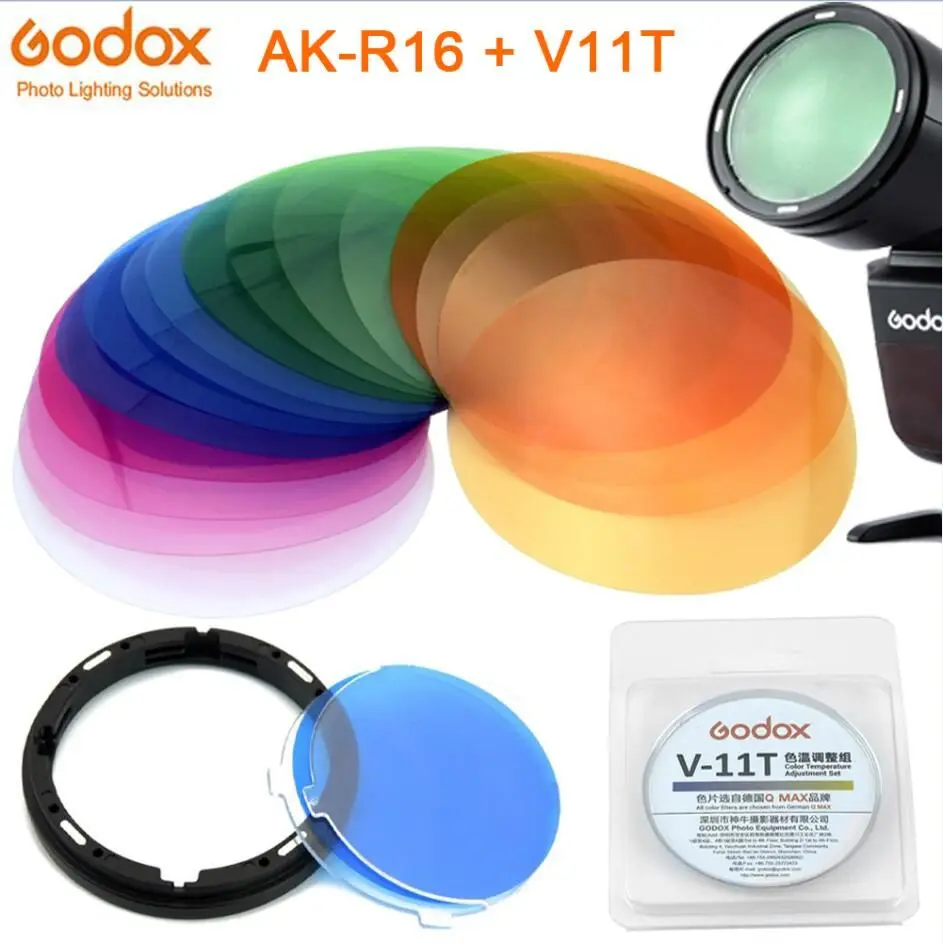 Godox AK-R16 Magnetic Mount Diffuser Plate with V-11C / V-11T Color Effect Gel Set for Godox V1 Series Flash Light Speedlite reflector diffuser lamp shade photography light adapter camera accessories